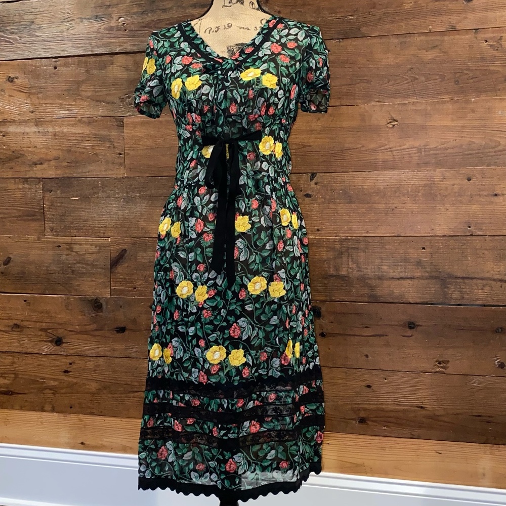 Coach Black Floral Midi Dress with Yellow & Pink Flowers